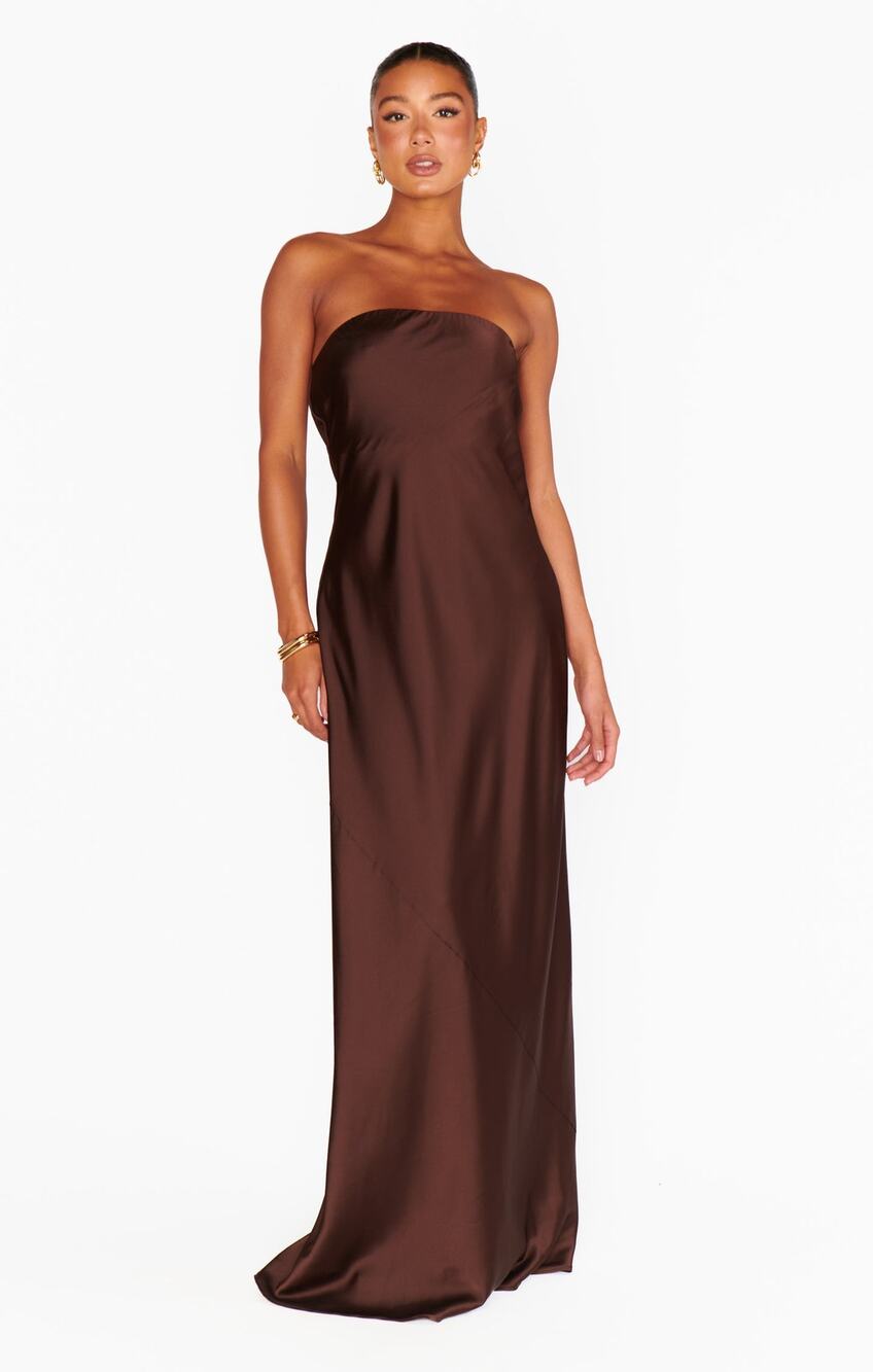 Show Me Your Mumu Taylor Tube Maxi Dress in Chocolate Luxe Satin XS